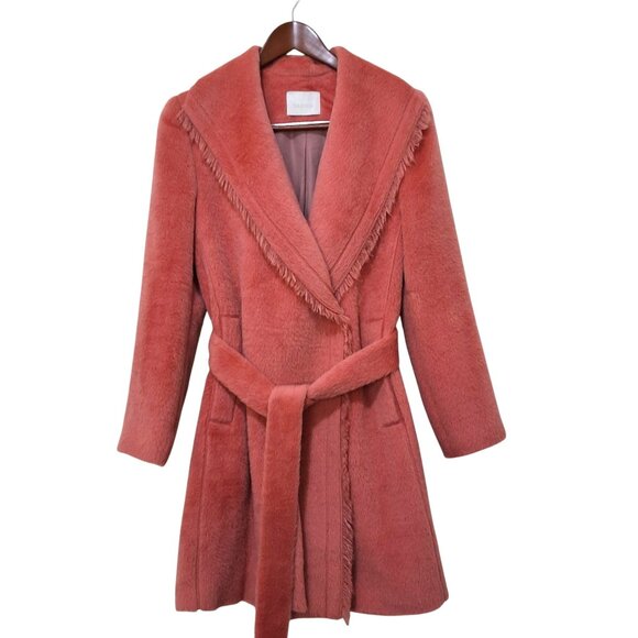 Valencia Suri Alpaca Wool Blend Pink Pea Coat Fringe Shawl Collar Maximalism - Picture 1 of 12